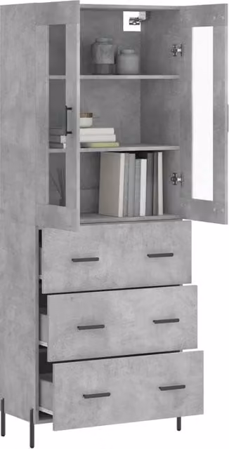 Aparador alto moderno SYFAX en madera y cristal color gris con puertas de vidrio y cajones An/P/Al: 69,5 x 34 x 180 cm
