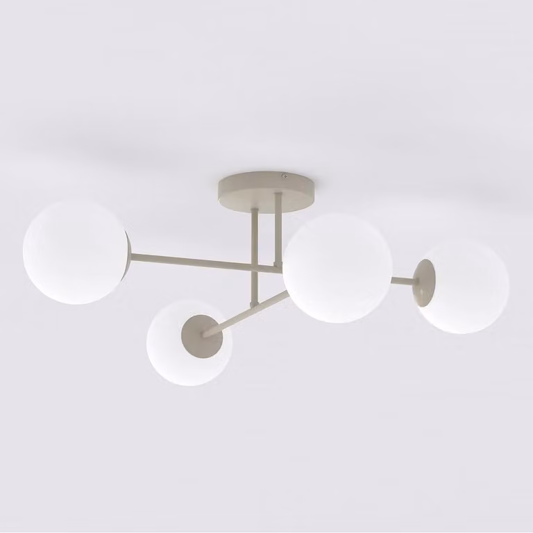 Lámpara de suspensión moderna Kendra Home con esferas de vidrio blanco y estructura de metal beige