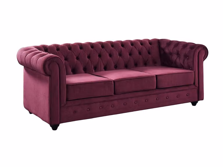 Sofá Chesterfield de 3 plazas VENTE-UNIQUE tapizado en terciopelo color ciruela con estructura de madera sólida y fundas extraíbles An/P/Al: 205 x 88 x 72 cm