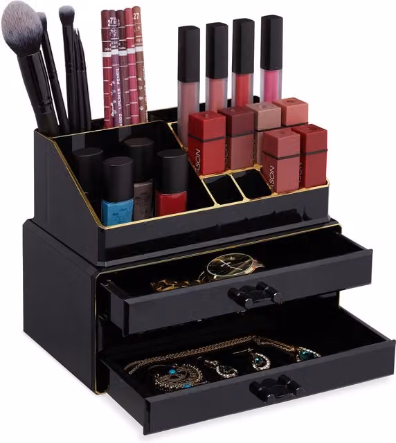 Organizador de maquillaje de acrílico relaxdays de 2 piezas apilable con 19 compartimentos y cajones, color negro y dorado, An/P/Al: 19 x 23,5 x 14 cm
