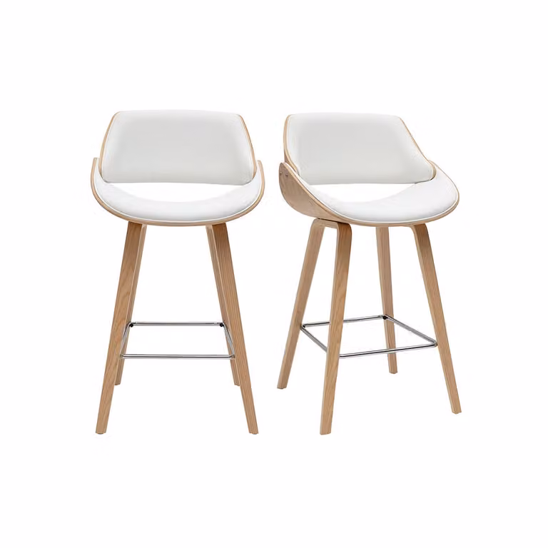 Lote de 2 taburetes de bar CLASH de diseño escandinavo en color blanco y beige con madera de roble y estructura metálica, Altura: 70 cm