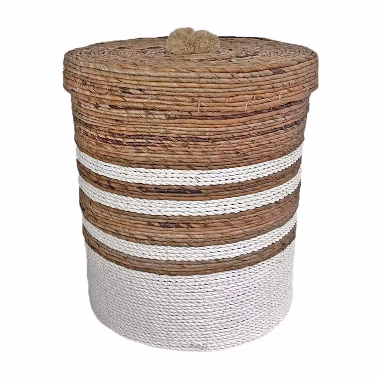 Cesto de fibra natural con tapa NATYAL en tonos blanco y marrón, Diámetro: 35 cm