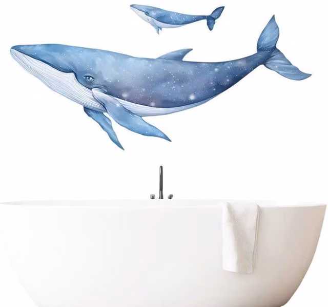 Adhesivo de pared moderno NEBELMEER con diseño de ballena azul para dormitorio, sala de estar o fondo de TV