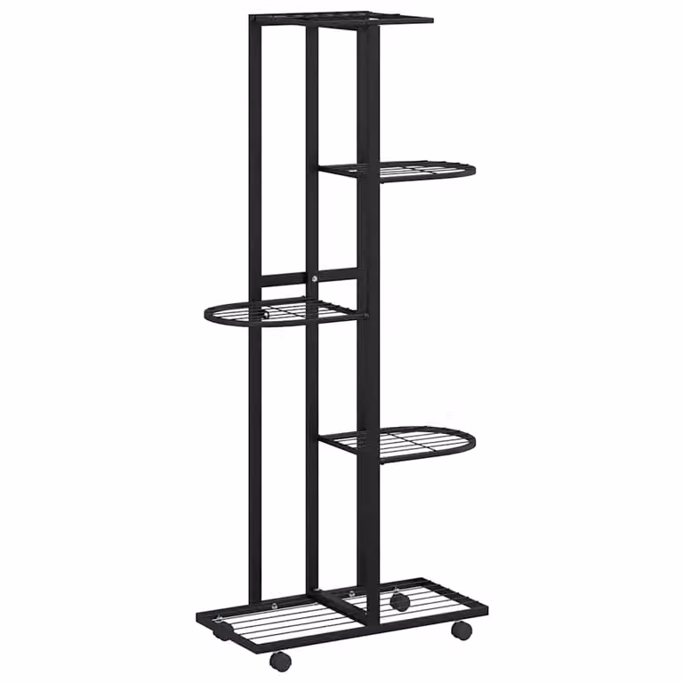 Soporte para flores vidaXL de 5 alturas con ruedas en hierro negro mate, An/P/Al: 44 x 23 x 100 cm