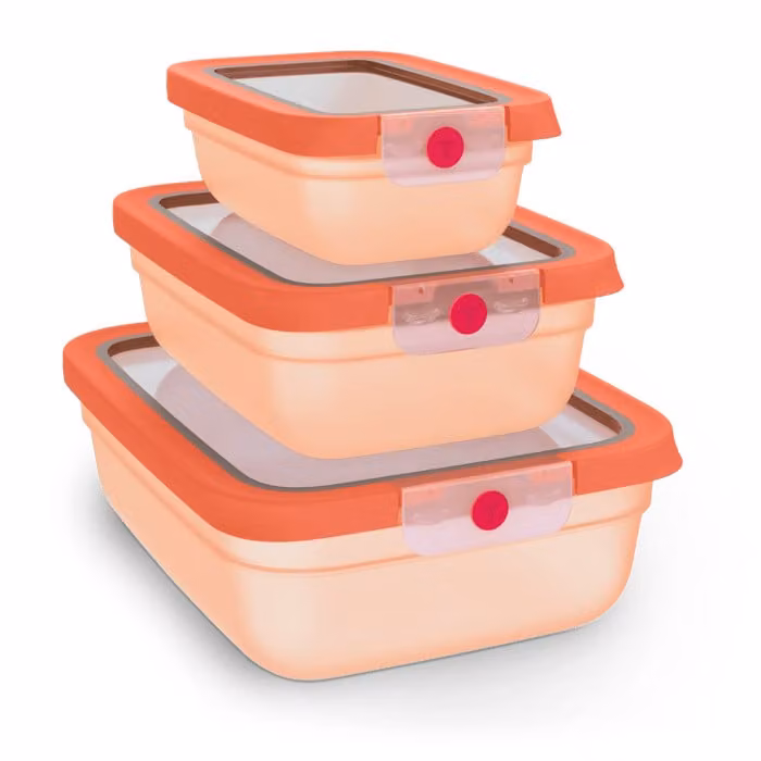 Set de 3 piezas de recipientes herméticos apilables Tefal oneClick, color naranja, capacidades de 0,50 l, 1,20 l y 2,30 l