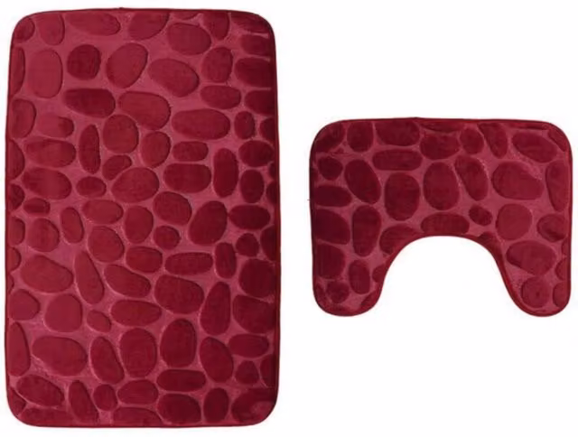 Juego de 2 alfombrillas para baño y WC de microfibra y poliéster con base antideslizante de Fei Yu, color rojo vino