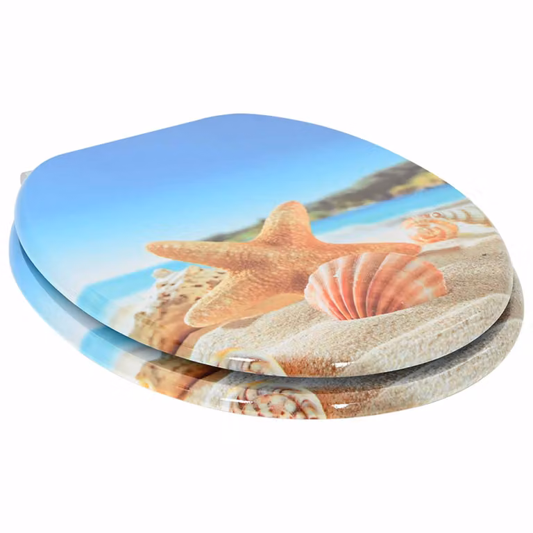 Asiento de WC ovalado vidaXL con diseño de concha de mar en azul y multicolor con cierre suave An/P: 44 x 38 cm