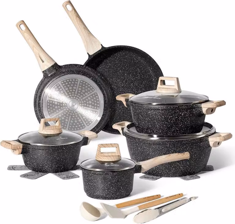Juego de 15 piezas de utensilios de cocina B2X con revestimiento cerámico antiadherente en color negro y multicolor, apto para inducción