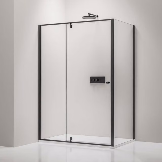Mampara de ducha rinconera Bernstein NT606 Flex con puertas abatibles, cristal de 6 mm y acabado negro mate, An/P: 100 x 90 cm
