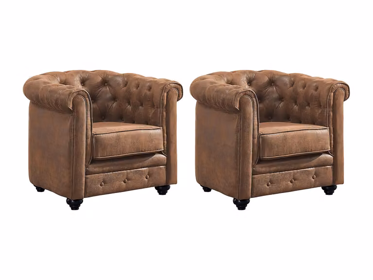 Lote de 2 sillones Chesterfield de microfibra envejecida color marrón con estructura de madera sólida de VENTE-UNIQUE