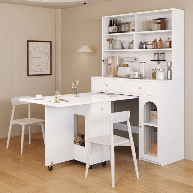 Conjunto de muebles de cocina KELLANY en color blanco con mesa de comedor plegable con ruedas y armario alto con estantes, diseño moderno en MDF y metal