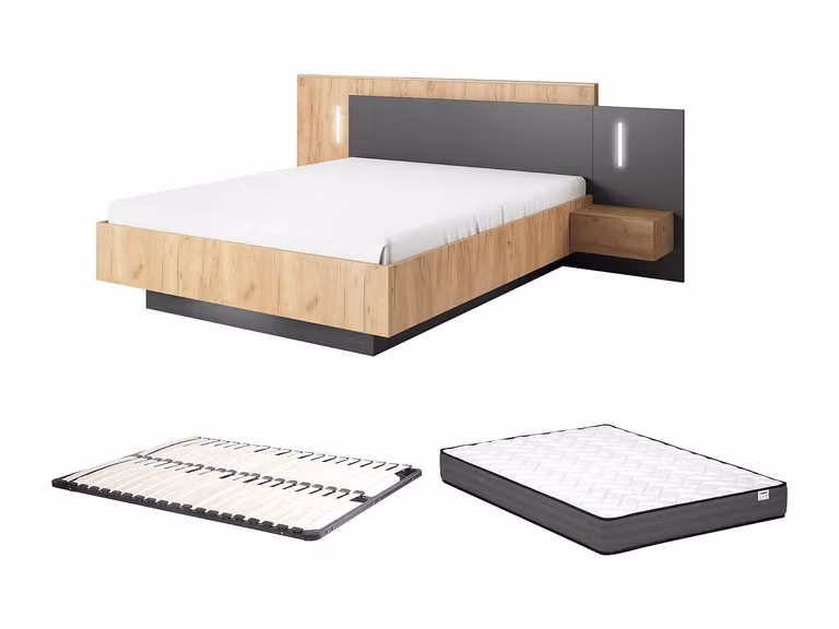 Cama con mesitas de noche y colchón VENTE-UNIQUE con iluminación LED y cajones, color beige, antracita, blanco y negro, 160 x 200 cm