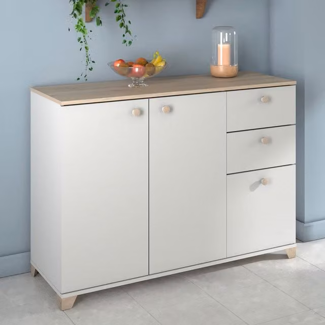 Aparador Demeyere de 3 puertas y 2 cajones en blanco mate y roble para salón o comedor, L 119,6 x P 41,9 x Al 85,1 cm