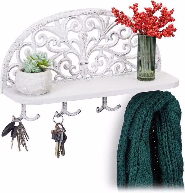 Perchero de pared Relaxdays con estante y 4 ganchos dobles en hierro y madera, estilo rústico, color blanco, An/P/Al: 39 x 23 x 11,5 cm