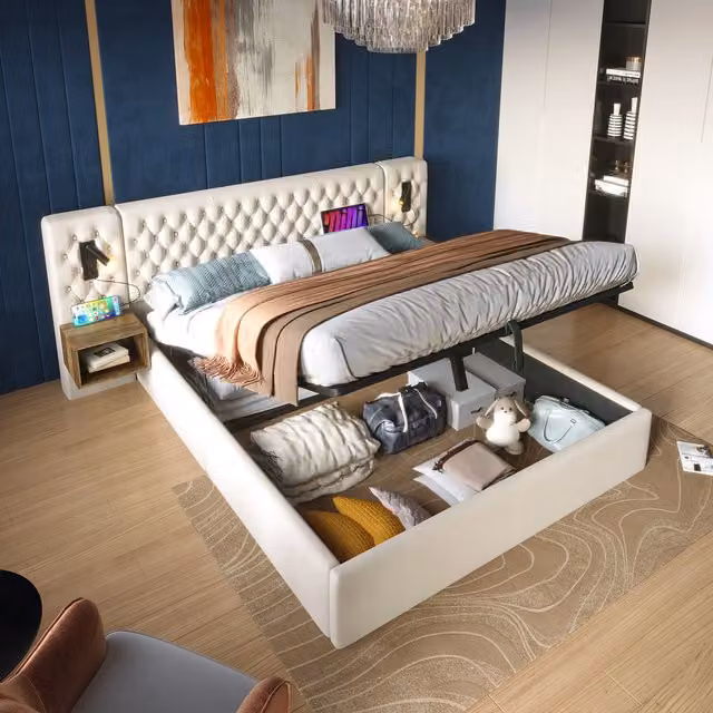 Juego de dormitorio Kellany con cama doble tapizada en terciopelo beige, almacenamiento hidráulico, cabecero con luz de lectura y puerto USB, incluye 2 mesillas de noche, An/P/Al: 160 x 200 cm