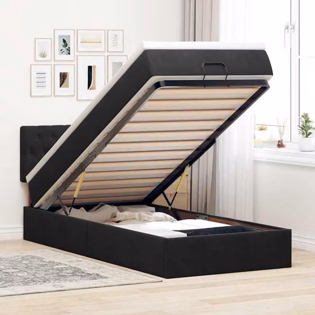 Estructura de cama otomana con colchón Maison Exclusive en terciopelo negro, An/P/Al: 90 x 200 x 40 cm