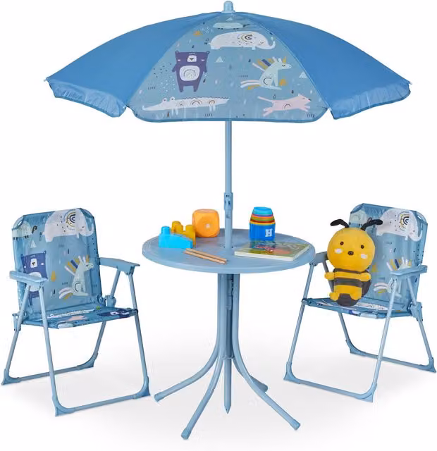 Conjunto de camping infantil Relaxdays con mesa, sombrilla y 2 sillas plegables, diseño de animales, azul