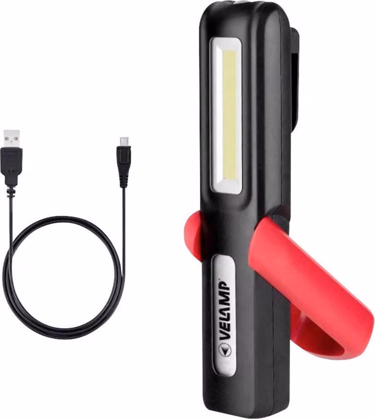 Lámpara de trabajo LED Selva recargable con gancho y función de emergencia en blanco y rojo