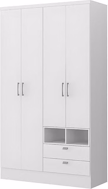 Armario Odilon Vente-Unique de 4 puertas y 2 cajones en blanco lacado, Ancho: 120 cm, Profundidad: 70 cm, Altura: 206 cm