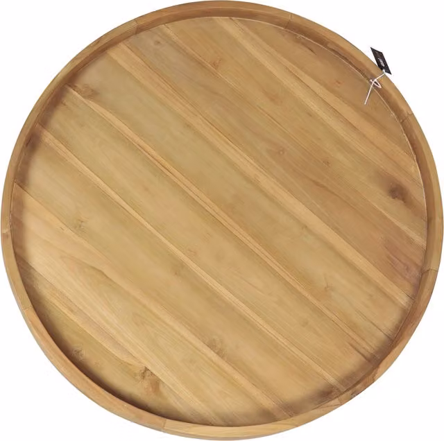 Bandeja redonda de madera de teca Axi color marrón con asas y borde elevado Diámetro: 80 cm