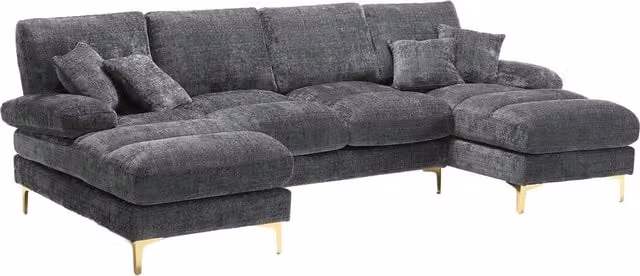 Sofá Panorámico en U de 4 Plazas Stilvora en Chenilla Gris con 2 Méridiennes Ergonómicas, Cojines y Patas Metálicas Doradas, An/P/Al: 272 x 136 x 88 cm