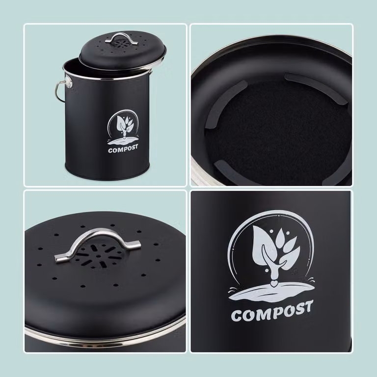 Compostador Northix de metal con filtro de carbón activado y tapa abatible, color negro, capacidad de 5,5 l
