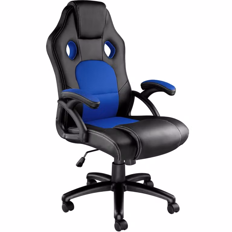 Silla gaming TecTake giratoria con respaldo ajustable y reposacabezas, azul y negra, An/P/Al: 65 x 66 x 121,5 cm