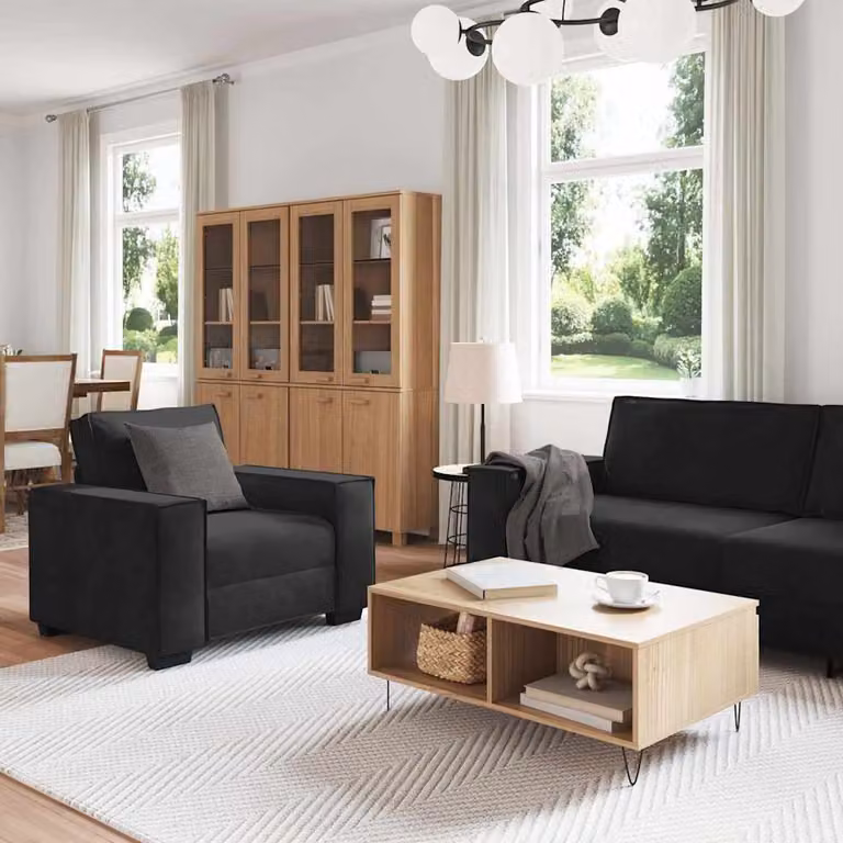 Juego de sofás de 3 piezas vidaXL en terciopelo negro con cojines y estructura mixta de metal y madera para salón o despacho