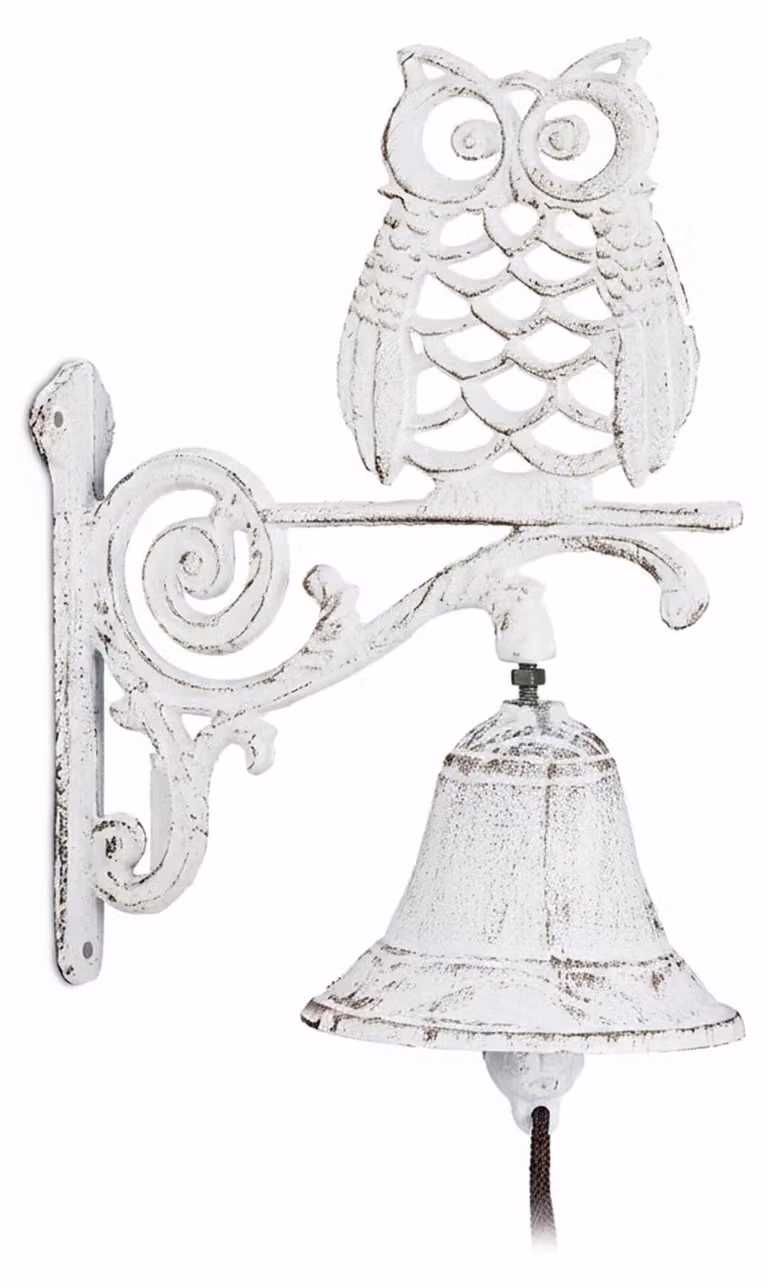 Set de 5 timbres de puerta Relaxdays con forma de búho en hierro fundido, estilo rústico antiguo con cuerda, color blanco para exterior y jardín