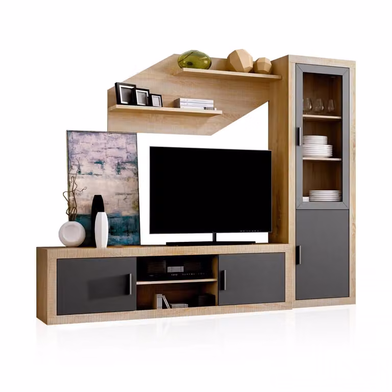 Salón modular Nuka V4 Duehome en color gris y beige con vitrina, mueble bajo y armario de pared An/P/Al: 240 x 193,2 x 41,4 cm