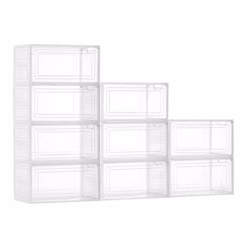 Set de 9 cajas apilables para zapatos VEVOR en plástico transparente con puerta magnética, aptas para tallas hasta US 13, ideales para tacones y botas