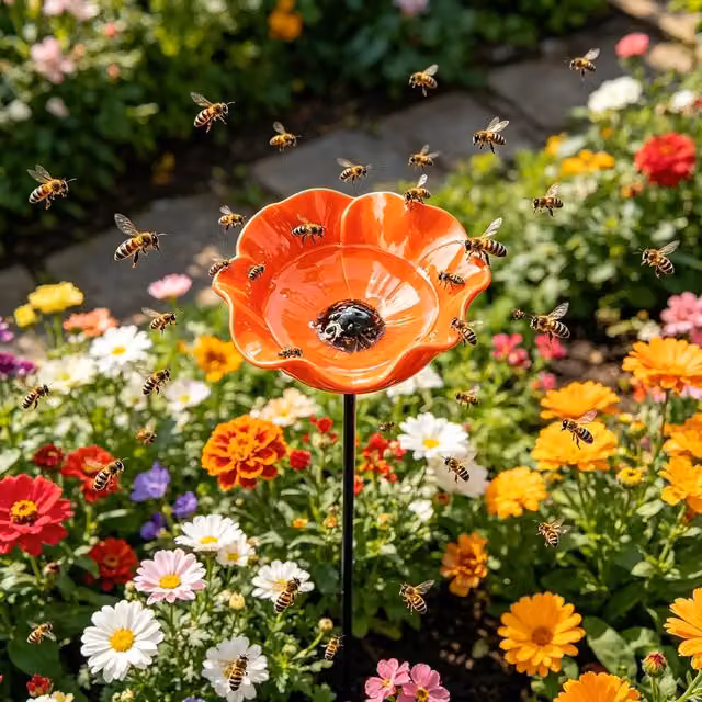 Baño de metal para pájaros y abejas LIIYIELA con diseño floral y estaca de jardín, color naranja
