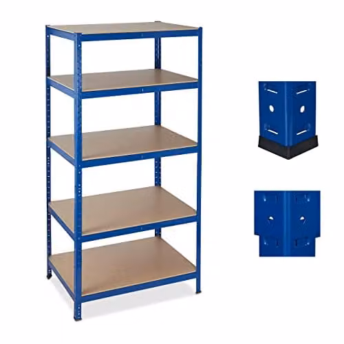 Set de 2 estanterías para carga pesada Relaxdays con 5 baldas, capacidad de 1325 kg, metal y MDF, color azul, Al 180 cm x An 90 cm x P 60 cm