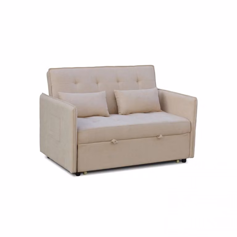 Sofá cama Nasya de 2 plazas Duehome en microfibra beige con estructura de madera sólida y sistema click-clack de 135 cm