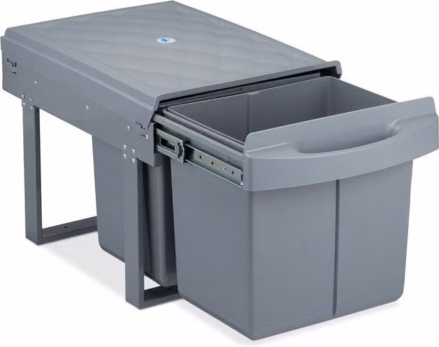Cubo de basura extraíble para mueble bajo fregadero Relaxdays, 2 compartimentos de 15 l, An/P/Al: 34,6 x 34 x 51,8 cm, gris
