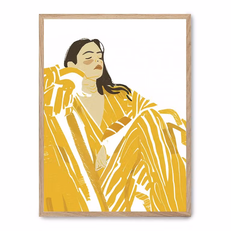 Poster Lab Ilustración Abstracta Moderna en Amarillo y Multicolor con Marco de Madera, 50 x 70 cm