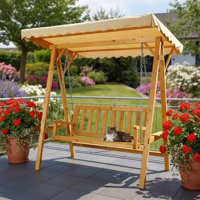 Columpio de jardín MUCOLA de madera tratada con toldo para terraza y exterior en color beige y marrón
