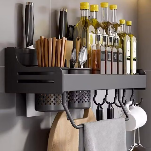 Estante de pared XISRENS para especias y utensilios de cocina, metal negro mate, An/P/Al: 40 x 14 x 9,5 cm