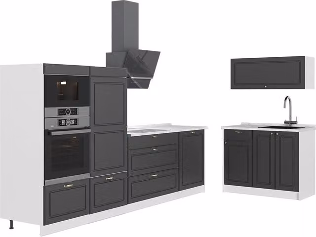 Cocina Vicco Fame-Line de estilo country en colores antracita, blanco y oro con An: 380 cm