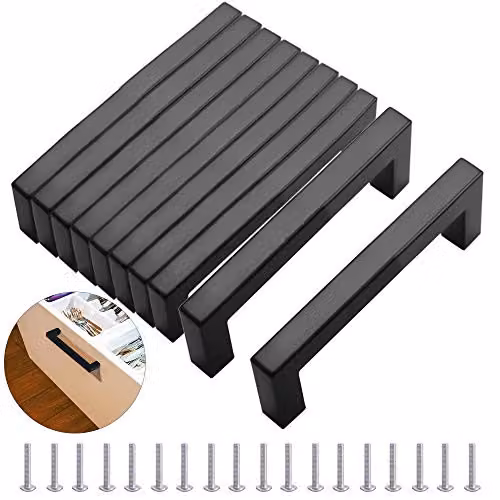 Set de 10 tiradores para armarios MEEQIAO de acero inoxidable, diseño cuadrado moderno en color negro mate, longitud 128 mm, incluye 40 tornillos