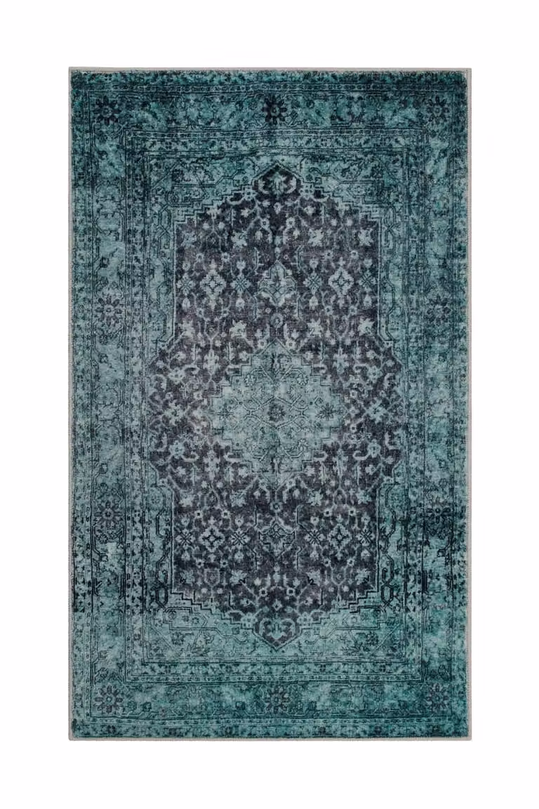 Alfombra de baño Wecon Home con diseño gráfico oriental en color verde, fabricada en poliéster reciclado, lavable y antideslizante, An/P: 60 x 100 cm