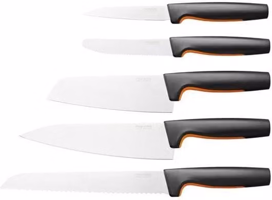 Juego de cuchillos Fiskars de 5 piezas en acero inoxidable con mango ergonómico negro y aptos para lavavajillas