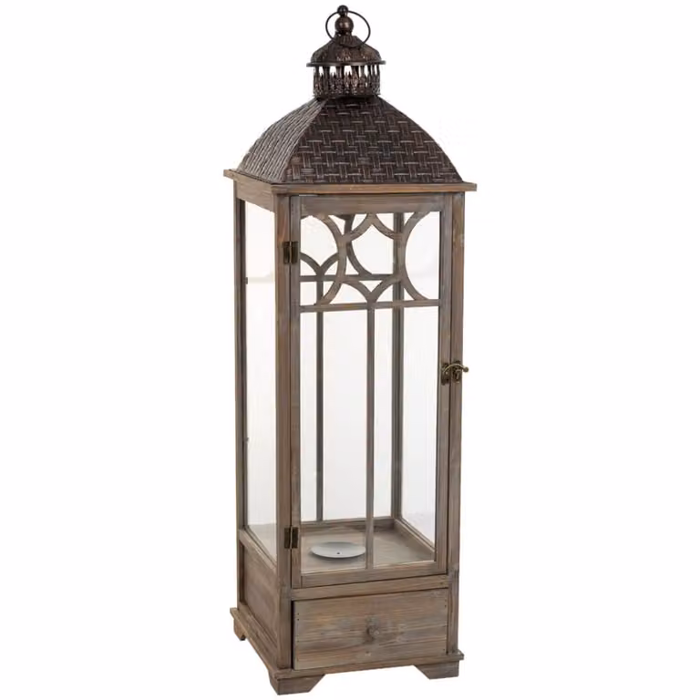 Farol decorativo rústico Wanderlust deco de madera y metal en color marrón, diseño geométrico rectangular, An/P/Al: 31.5 x 31.5 x 104 cm