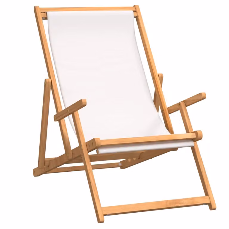 Silla de playa plegable Syfax de madera de teca con tela beige y blanca