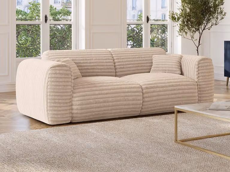 Sofá cama de 3 plazas POGNIA en pana beige con función de cama y cojines incluidos