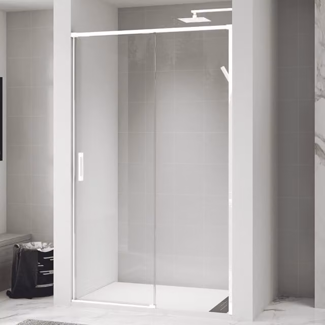 Mampara de ducha frontal BAÑO TOTAL con una puerta corredera y un panel fijo, vidrio de 6 mm con tratamiento antical, color blanco y transparente, An/P/Al: 155 x 195 cm