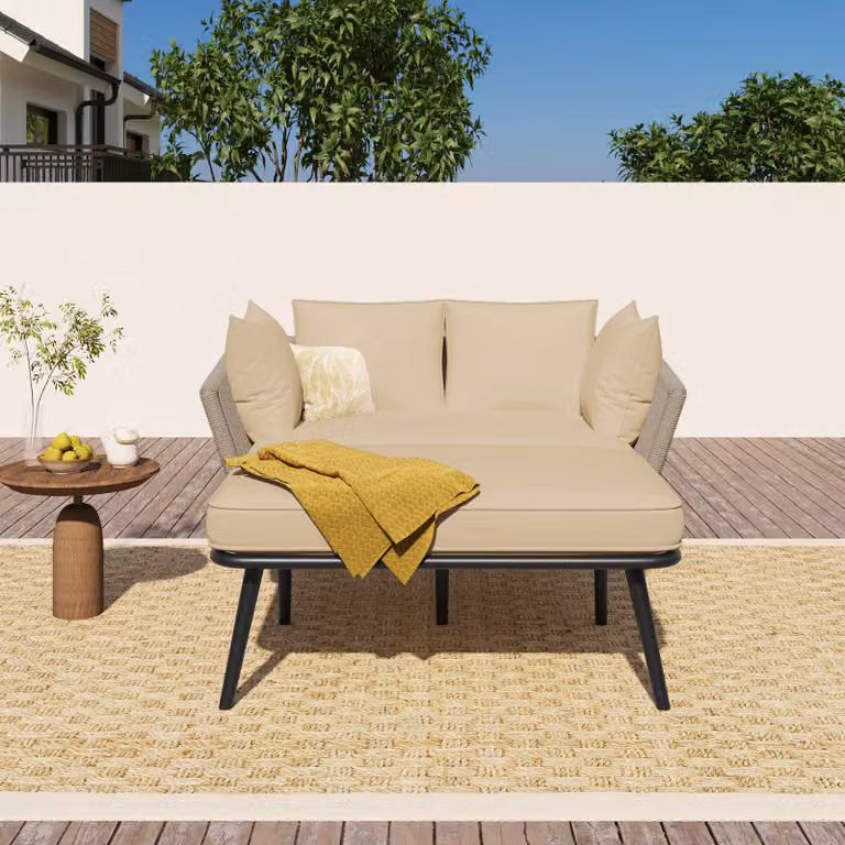 Sofá de jardín STILVORA con cojines desmontables y lavables, estructura de acero y tapizado beige para terraza o balcón