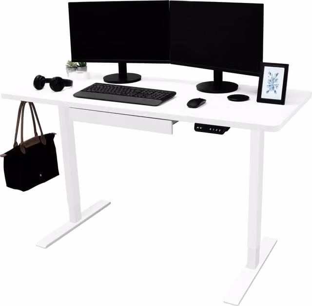 Escritorio elevable eléctrico MONSTERSHOP con cajón y carga USB, color blanco, An: 140 cm, P: 60 cm, Al: 73-118 cm