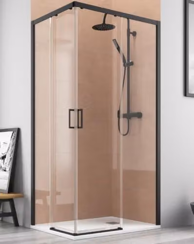 Mampara de ducha rectangular angular corredera B BAÑO TOTAL con 2 puertas y 2 fijos, cristal transparente de 5 mm con tratamiento easy clean y perfil negro, An/P/Al: 105 x 80 x 190 cm
