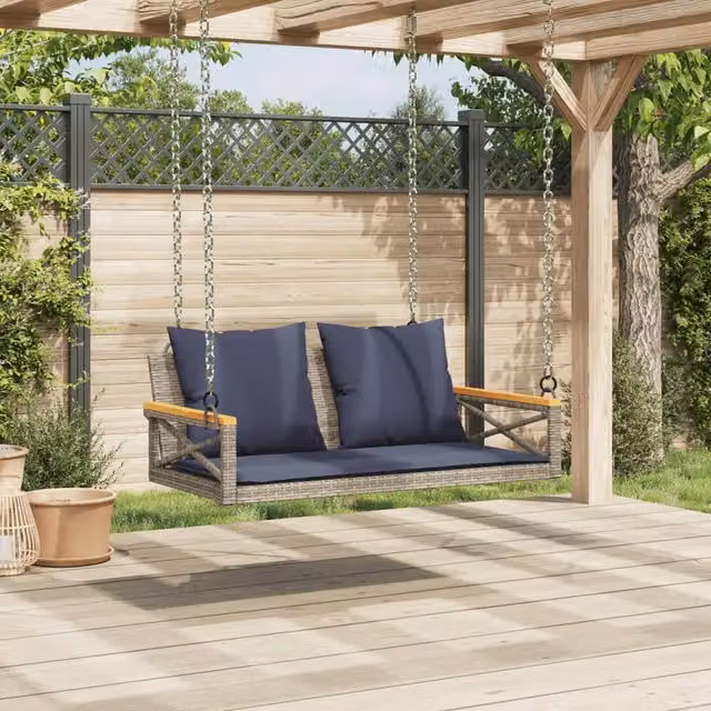 Banco columpio SYFAX de ratán sintético con cojines y estructura de madera de acacia, color gris y azul, An/P/Al: 109 x 62 x 40 cm